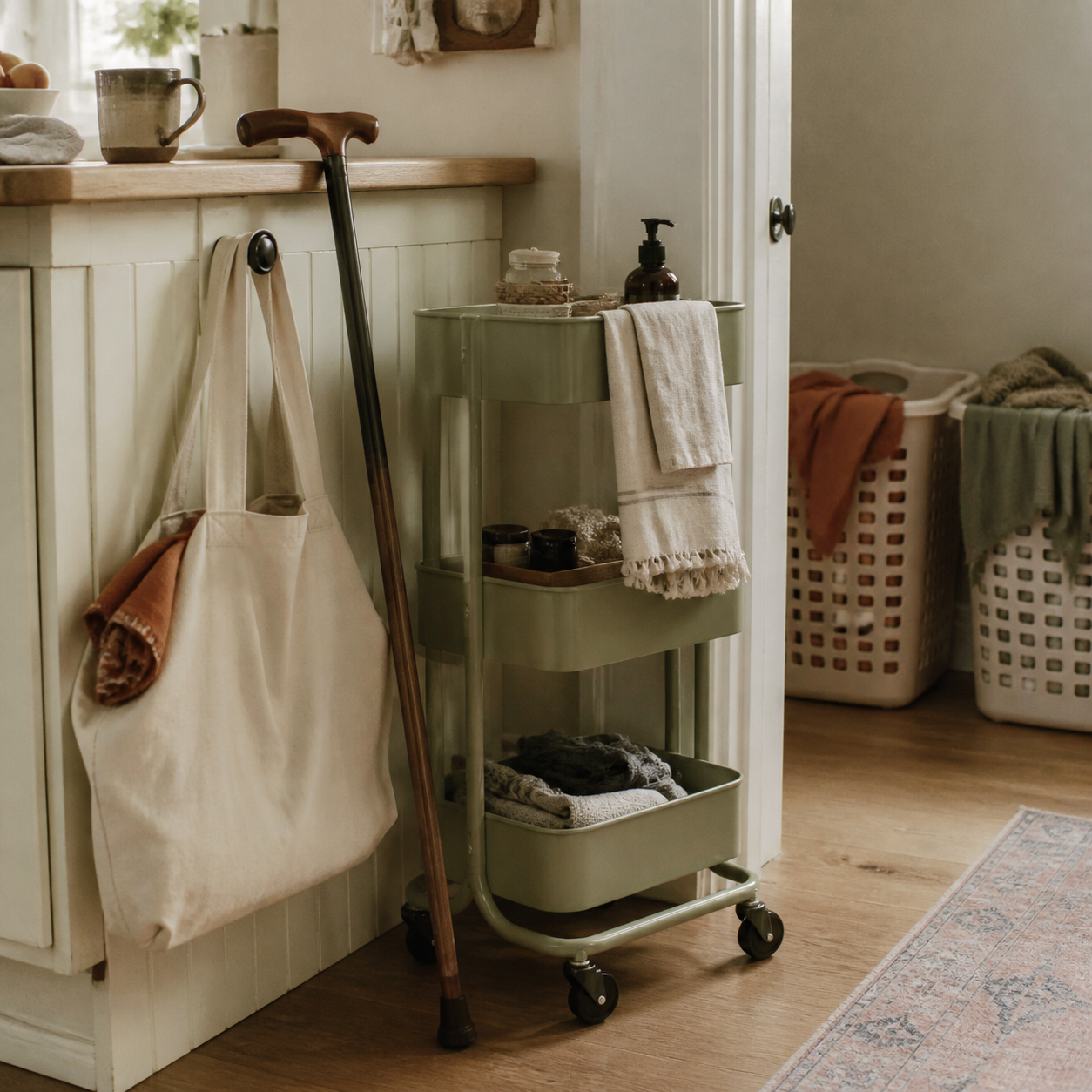 A cane beside a rolling cart, grocery bag, and two small laundry baskets in a warm, lived-in home