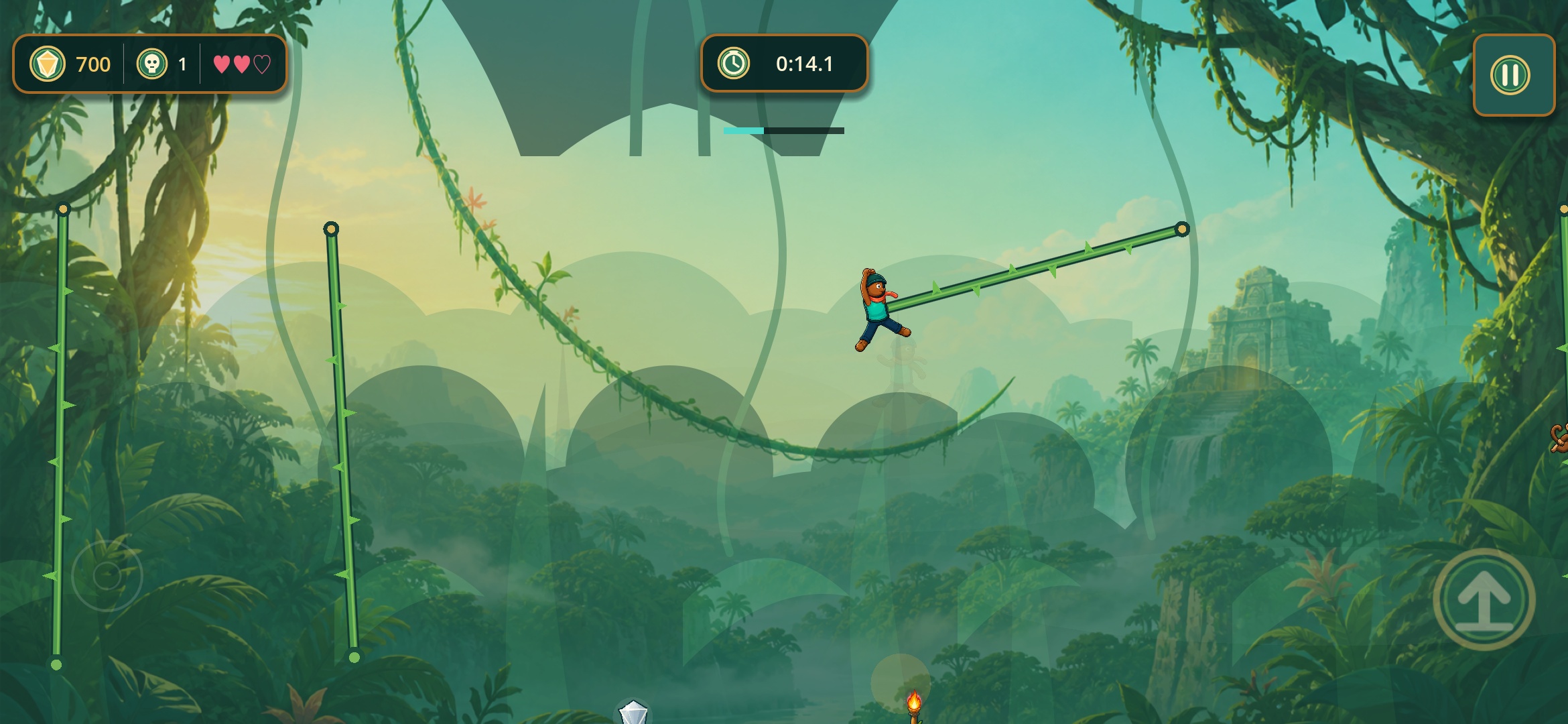 Vinerunner gameplay: releasing a vine swing over a gorge